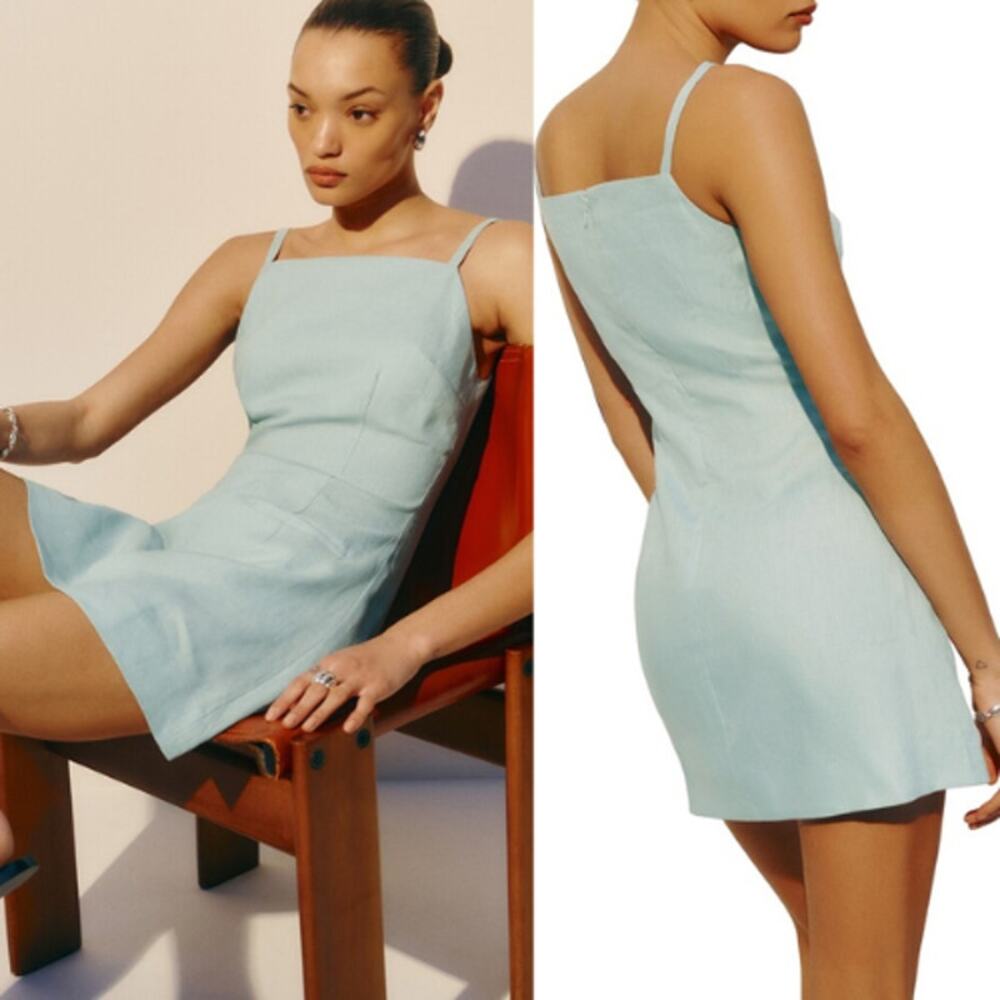 NEW Reformation Phillipa Linen Mini Dress Coquette Cottagecore Aquamarine Size 8